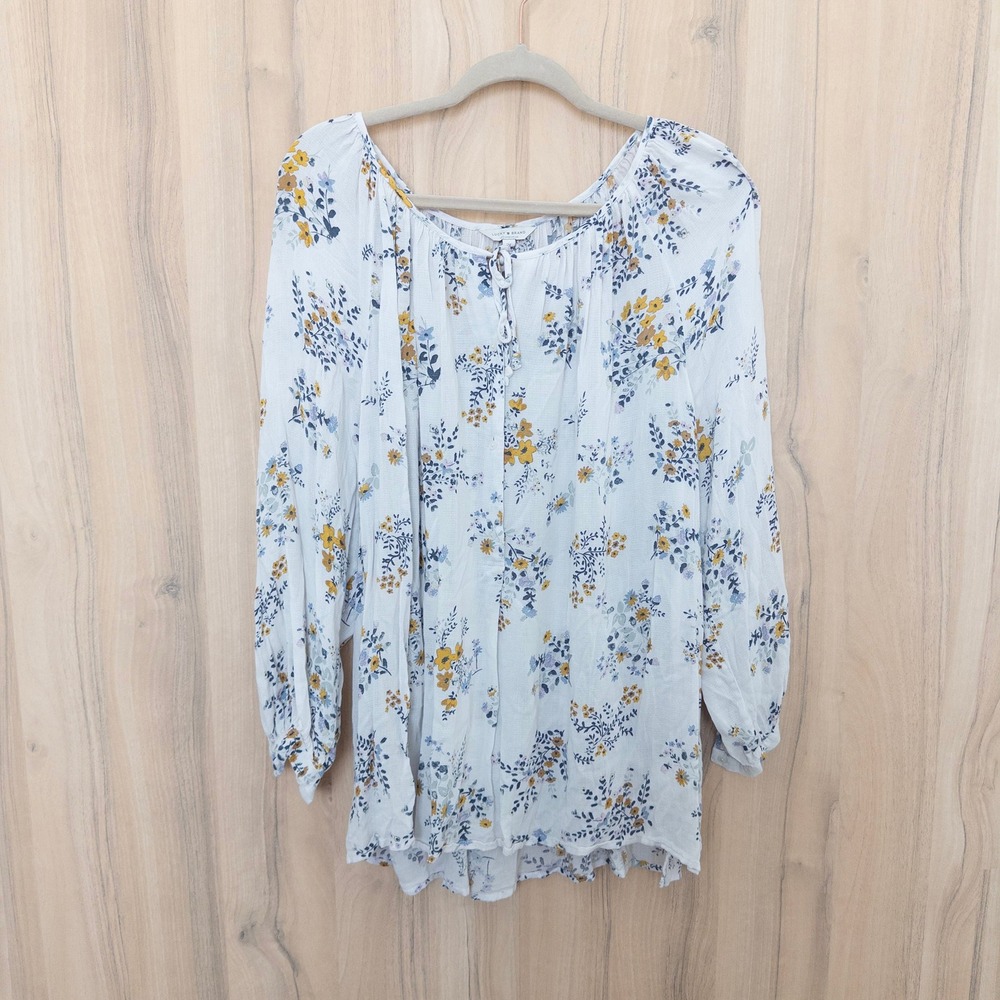 Lucky Brand Womens Floral Blouse 2X White Long Sleeve Boho Peasant Cottage